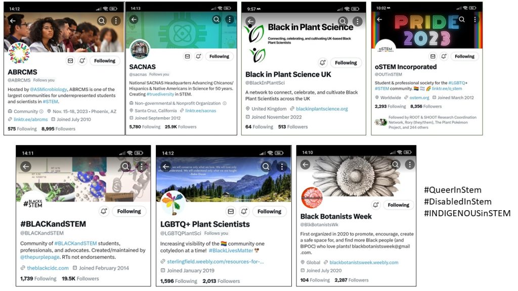 Screenshot of several twitter accounts @ABRCMS; @SACNAS; @BlackInPlantSci; @OUTinSTEM; @BLACKandSTEM; @LGBTQPlantSci; @BlkBotanistsWk; #QueerInStem; #DisabledInStem; #INDIGENOUSinSTEM.