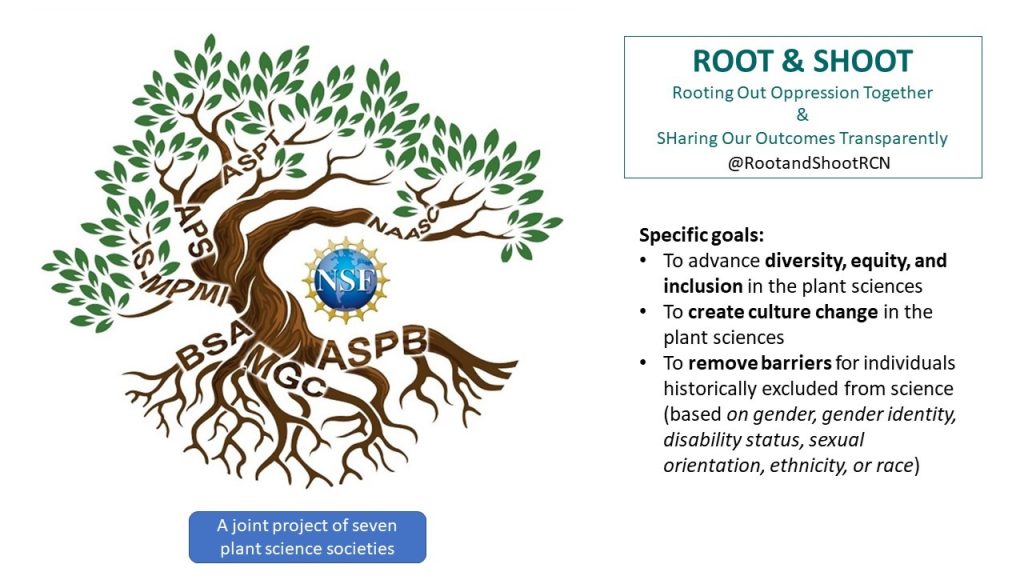 On the left is the ROOT & SHOOT logo. The text says that the goal of this program is to “remove barriers for individuals historically excluded from science based on gender, gender identity, disability status, sexual orientation, ethnicity, or race”. 